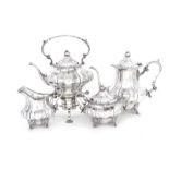 Gorham sterling tea service comprising: hot water kettle, H12 1/2" teapot, H9 1/2" covered sugar,