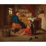 William McEwan (New York, fl. 1859-80) BALLING YARN IN THE KITCHEN oil on canvas, framed, signed &