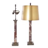 Pair Classical bronze-mounted rouge marble columns late 19th century, converted to lamps,