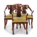 Empire amaranth-inlaid birch armchairs, Jacob Freres circa 1796-1803, curved back above palmette-