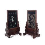 Rare pair Chinese lacquer and jade-inset zitan standing floor screens (2pcs)