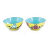 Pair Chinese yellow-ground famille rose porcelain bowls, signed (2pcs)