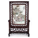 Chinese porcelain and hardwood table screen