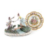 Dresden porcelain figural grouping and plate (2pcs)