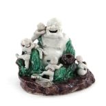 Chinese famille verte biscuit-porcelain Buddha with attendants