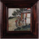 Chinese painted marble panel in hardwood frame