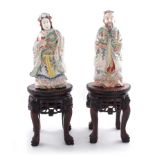 Pair Chinese ancestor figures on carved hardwood stands (4pcs)