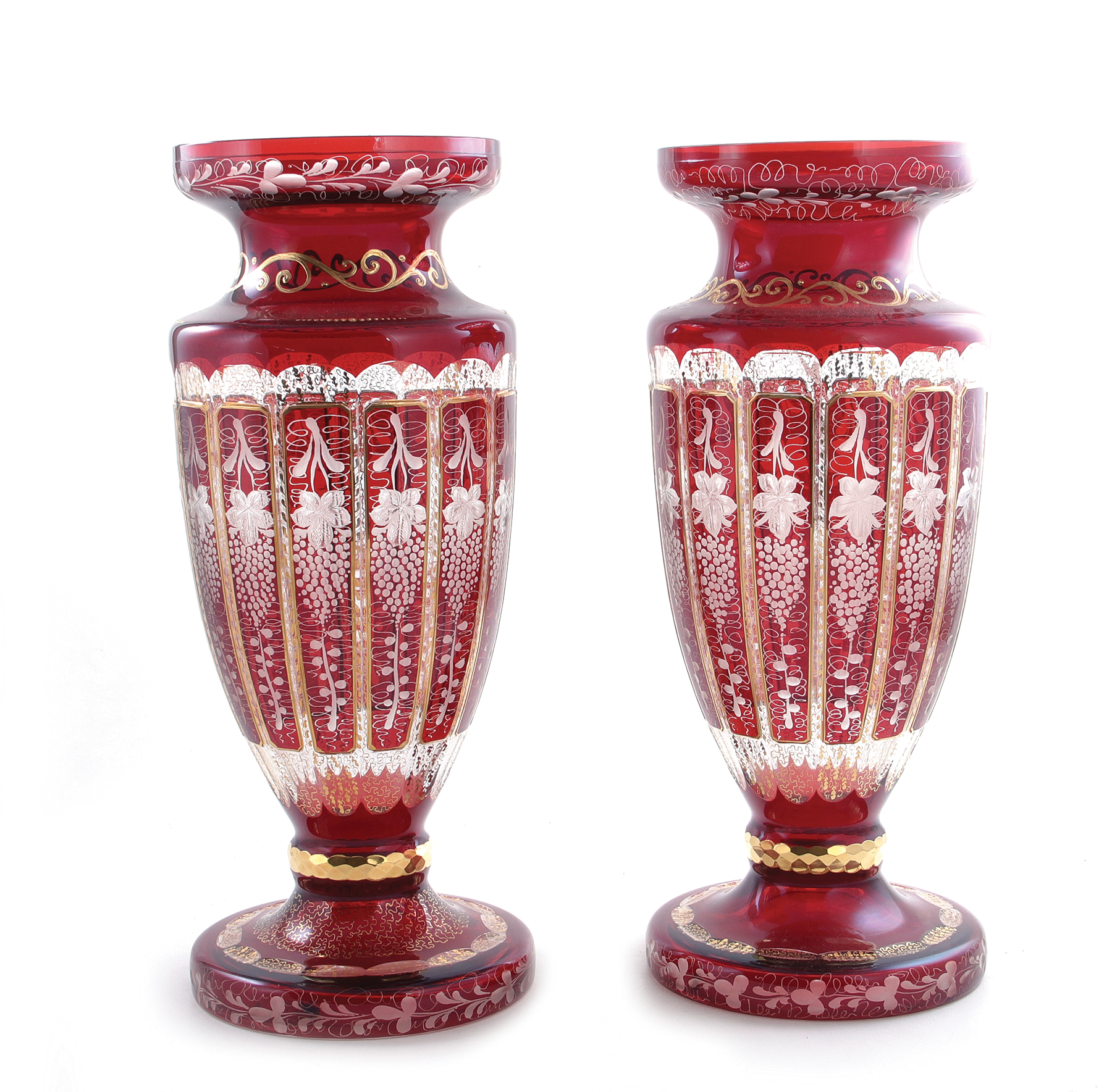 Impressive pair Bohemian gilt ruby-cut-to-clear vases (2pcs)