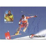 Franz Klammer skiing legend signed colour 6 x 4 inch Tyrolia card. former champion alpine ski