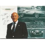 Stirling Moss signed Aston Martin colour 6 x 4 inch photo, dedicated to Alan. Good condition.