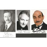 Poirot signed photo collection. 3 photos signed by David Suchet, Philip Jackson and Hugh Fraser. All