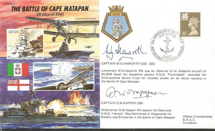 Cpt M. G. Haworth, Cpt D.W. Napper signed 50th ann WW2 cover JS50/41/2 The Battle of Cape Matapan
