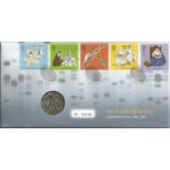 DNA discoveries coin FDC. Numbered 24648. £2 coin inset 5 stamps. 25/2/03 Cambridge postmark