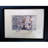 Pele and Gordon Banks signed 1970 World Cup Print. 30 x 23 inches framed and mounted in black.