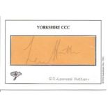 Sir Len Hutton Yorkshire Cricketer signature piece fixed to white card. English cricketer who played