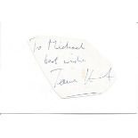James Hunt irregular cut signature piece attached to 6x4 white card. Comes from large in person