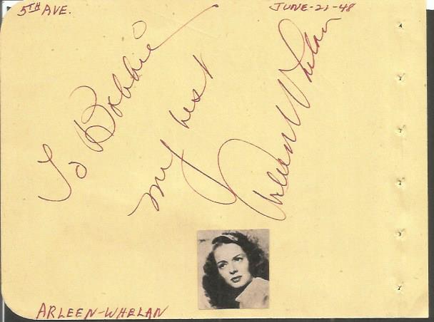 Arleen Whelan actress signed autograph album page. Dedicated. Walter Abel actor signed on reverse.