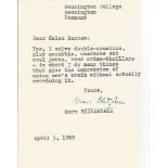 Marc Blitzstein Typed letter signed 1963 replying about his hobbies. American composer, lyricist,