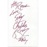 Roy Chubby Brown signed white card. Dedicated. English stand-up comedian, famous for his sarcastic
