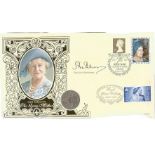 Earl of Strathmore signed Queen Mother coin FDC. Benham official cover. One Florin coin inset. 26/