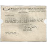 Lewis Casson signed 1944 typed note on CEMA note regarding casting of play. Good Condition. All