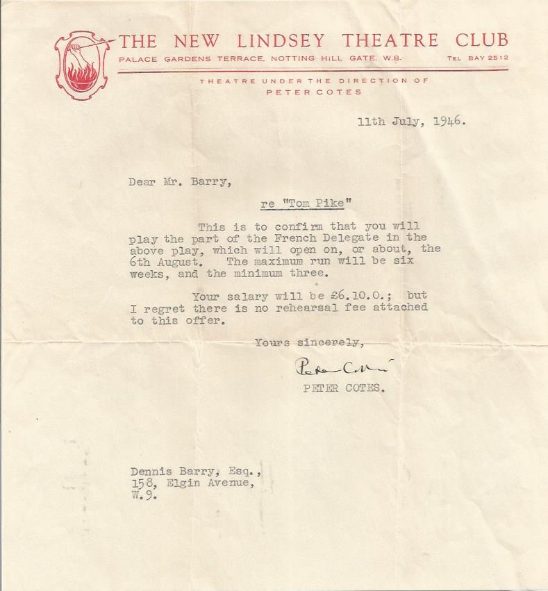 Peter Cotes signed 1946 typed letter on New Lindsey Theatre Club letterhead confirming Dennis