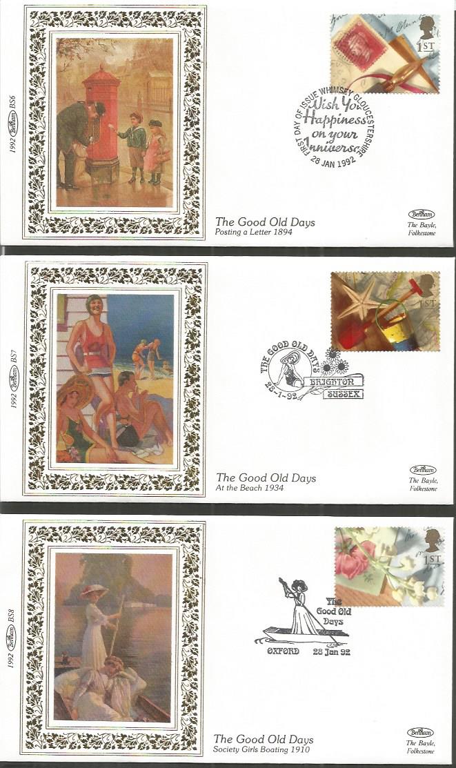Benham 1992 small silk FDC collection in blue suede album. Wildlife in Winter 1992, Greetings Stamps