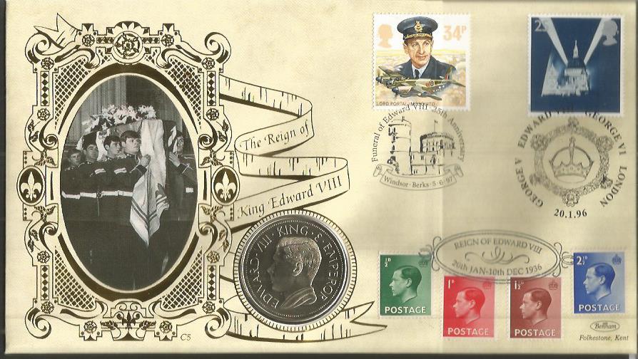 Edward VIII Benham 1996 official Coin FDC PNC. 1996 C96/5 coin cover comm. Two GB stamps Funeral and