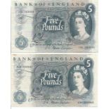 Two Five Pound Blue 1960/70s UK Bank Notes J S Fforde cashier. 15C 193000 slight crease to RH end,