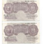 Two Ten Shilling UK Purple 1940s bank notes Peppiatt Cashier numbers R07D 093912, L95D 185904.