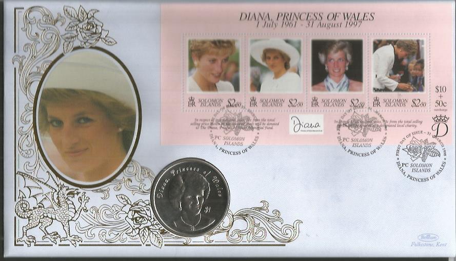 Diana Princess of Wales official Benham coin FDC. Solomon Islands 31/3/98 postmark, C98/28l. Good