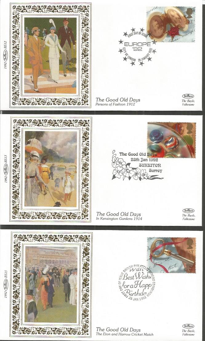 Benham 1992 small silk FDC collection in blue suede album. Wildlife in Winter 1992, Greetings Stamps - Image 2 of 5