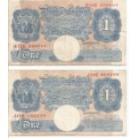 Two One Pound Blue UK 1940s bank notes Peppiatt cashier. J03E 668209, H22E 298924. Used good