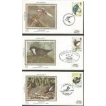 Benham 1980 small silk FDC collection in blue suede album. 1980 British Birds BS1, 1980 150 Years of