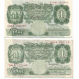 Two One Pound Green UK 1950s bank notes L O Brien cashier. S81A 327149, Z04K 326899. Used good