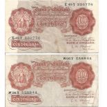 Two Ten Shilling UK Red 1950s bank notes L O Brien Cashier numbers E49Y 220776, W064Y 55884. Used