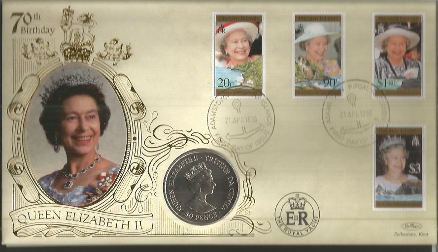 Queens 70th Birthday Benham official coin FDC PNC. 1996 C96/01 Coin cover comm. Pitcairn Islands