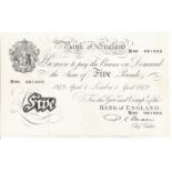 Five Pound UK White bank note 1949 Beale Cashier number M99 081905. The banknote when held up