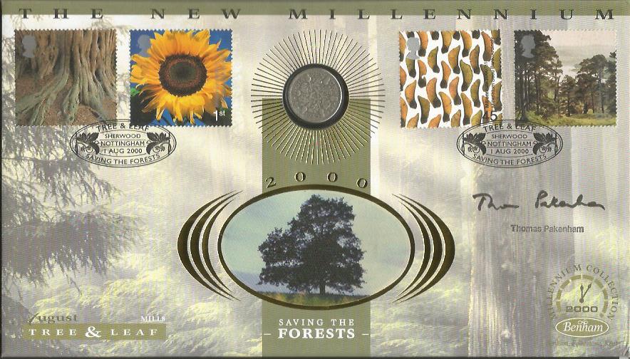 Thomas Pakenham signed Tree & Leaf, Saving the Forests Coin Benham Official FDC PNC. Sixpenny coin