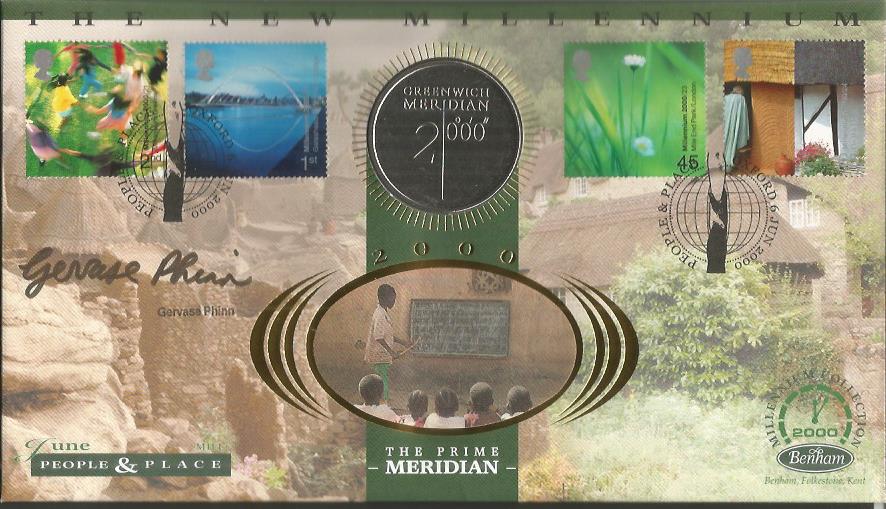 Gervase Phinn signed People & Place, the prime Meridian Coin Benham Official FDC PNC. coin inset.