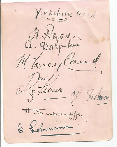 Yorkshire 1927 Cricket team signed autograph album page seven autographs inc Sutcliffe, Dolphin,