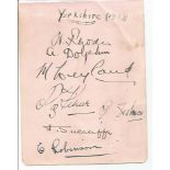 Yorkshire 1927 Cricket team signed autograph album page seven autographs inc Sutcliffe, Dolphin,