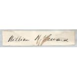 William H Seward signature piece. 1800s US Political Figure. Approx. size 4x0.5. Stuck to slighter