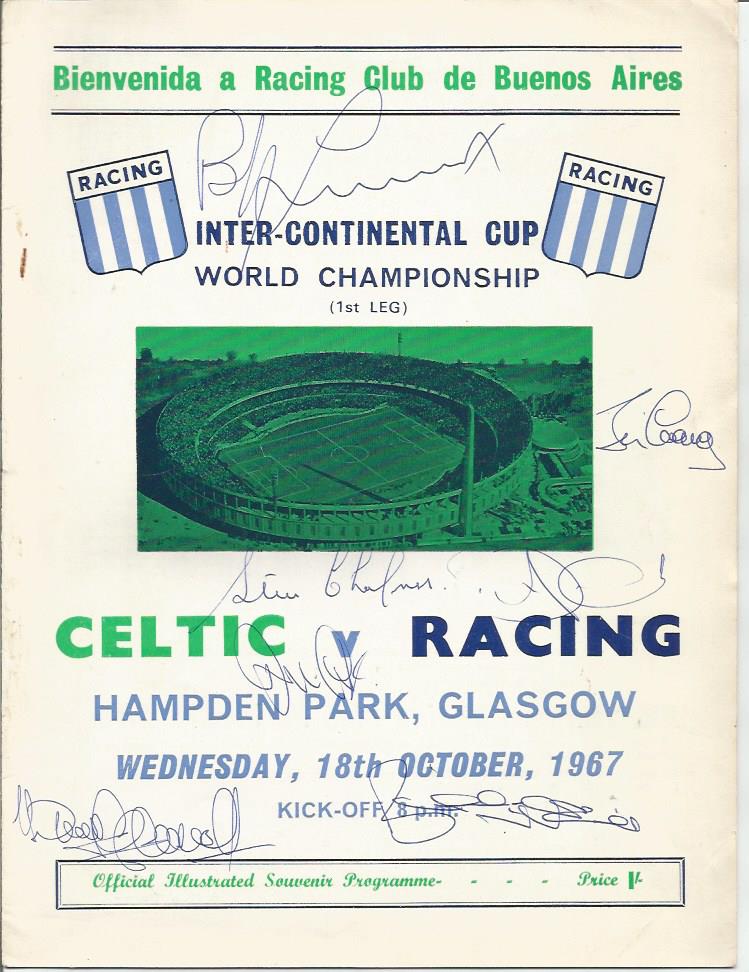 1967 World Club Championship Official Programme For match At Hampden Park, Celtic V Racing, Signed