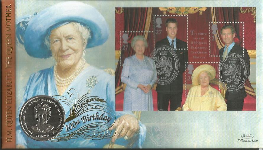 100th Birthday celebration HM Queen Elizabeth the Queen Mother Coin Benham Official FDC PNC.