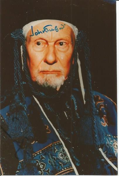 John Gielgud signed 6 x 4 colour photo in Chinese robes. Good Condition. All signed items come