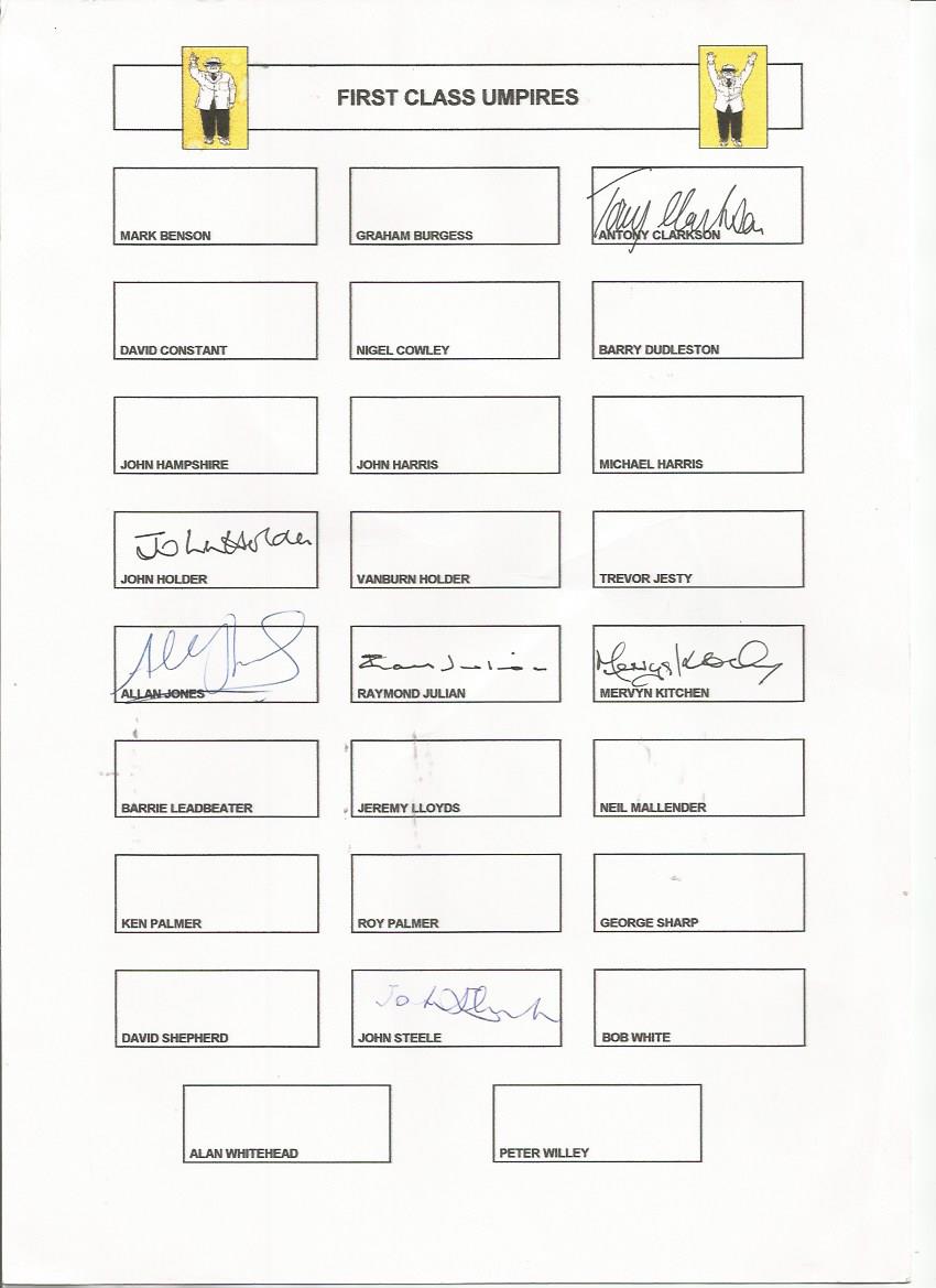 Cricket umpires Clarkson, Holder, Jones, Julian, Kitchen, Steele signed A4 page. Good Condition. All