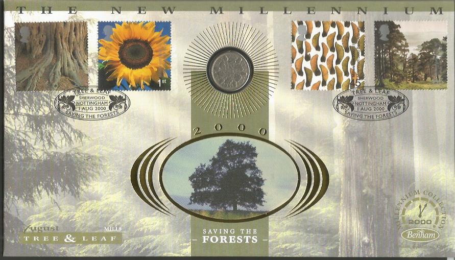 Tree & Leaf, Saving the Forests Coin Benham Official FDC PNC. Sixpenny coin inset. 1/8/00 Sherwood