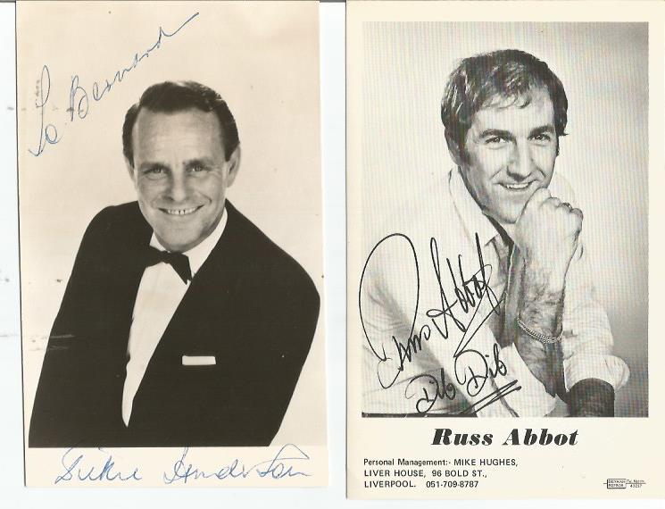 Comedy collection of signed 6 x 4 photos and autograph album pages. Russ Abbott & Dickie Henderson