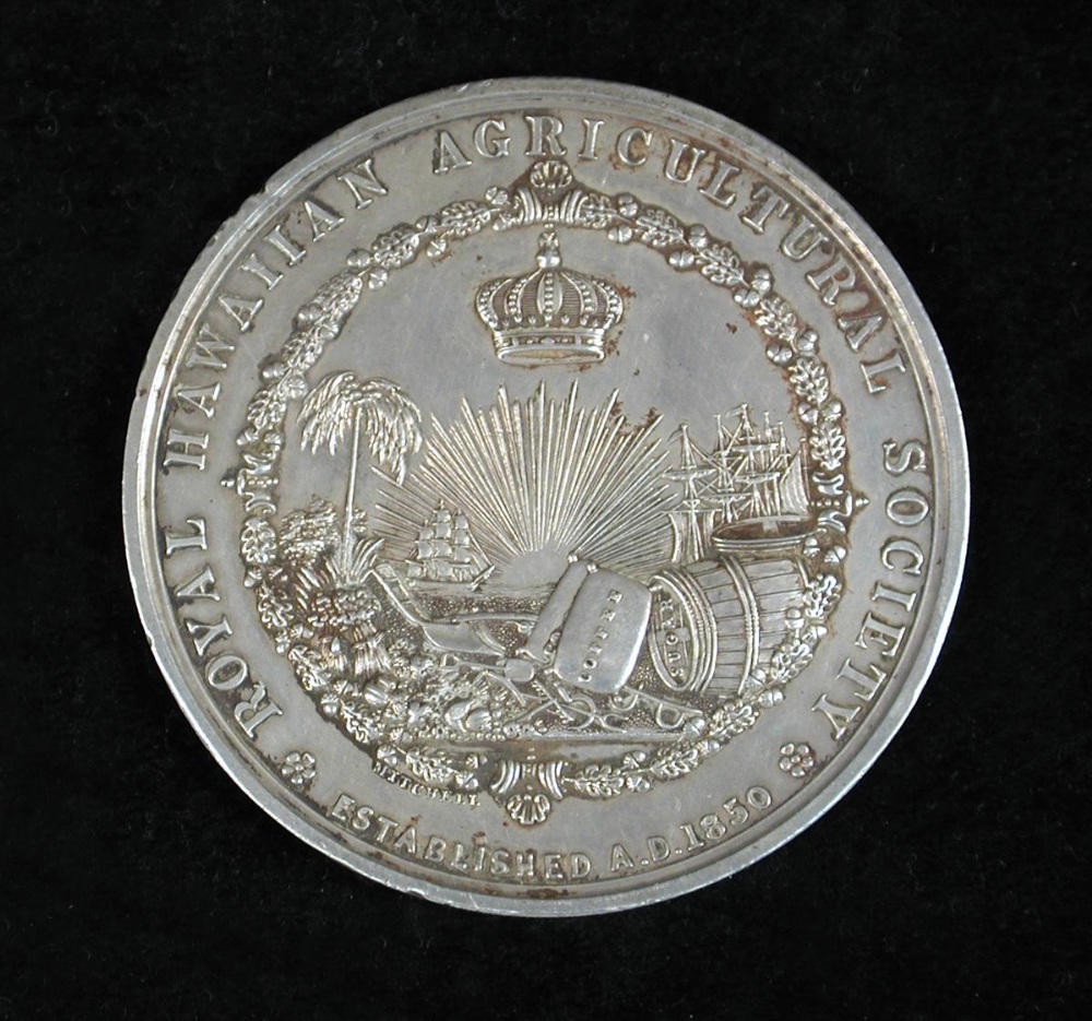 A Royal Hawaiian Agricultural Society Medal circa 1850-57, struck in silver, obv, with symbols of